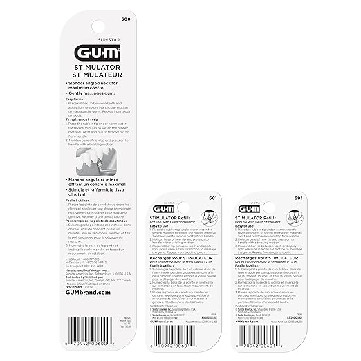 GUM Stimulator Permanent Handle with Rubber Tip, Long-Handled Stimulator & Plaque Remover for Teeth Health, 1 Handle + 2 Refill Packs