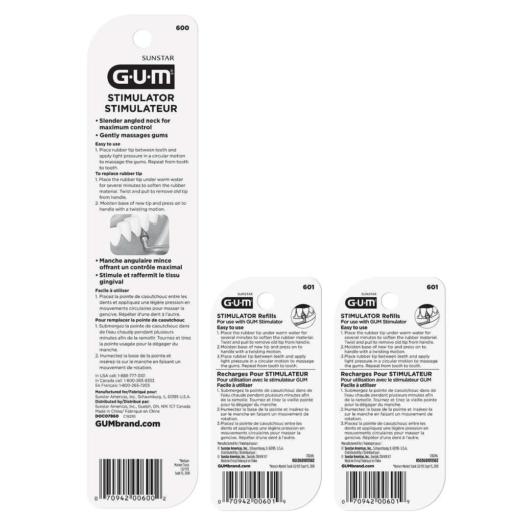 GUM Stimulator Permanent Handle with Rubber Tip, 1 Handle + 2 Refill Packs