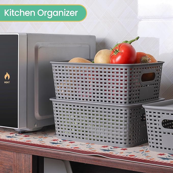 Plastic Storage Baskets with Lid - Plastic Storage Containers Stackable Storage bins: Storage Baskets for Organizing Shelves Drawers Desktop Closet Playroom Classroom Office, 8 Pack-Gray