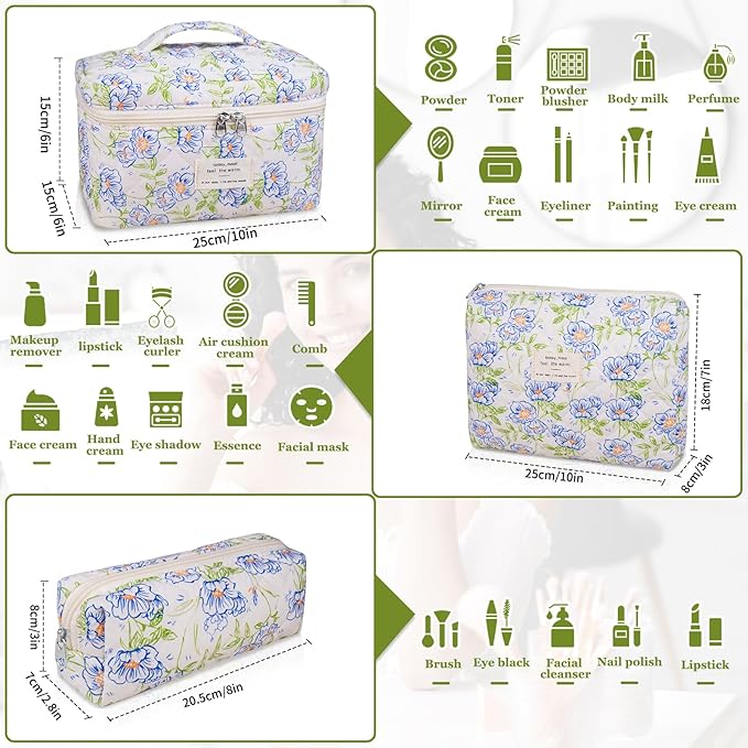 Gosect 3PC Makeup Bag Set, Quilted Makeup Bag, Large Floral Cosmetic Bag for Women, Cute Cotton Makeup Bags, Flower Travel Toiletry Organizer Bag (light blue)
