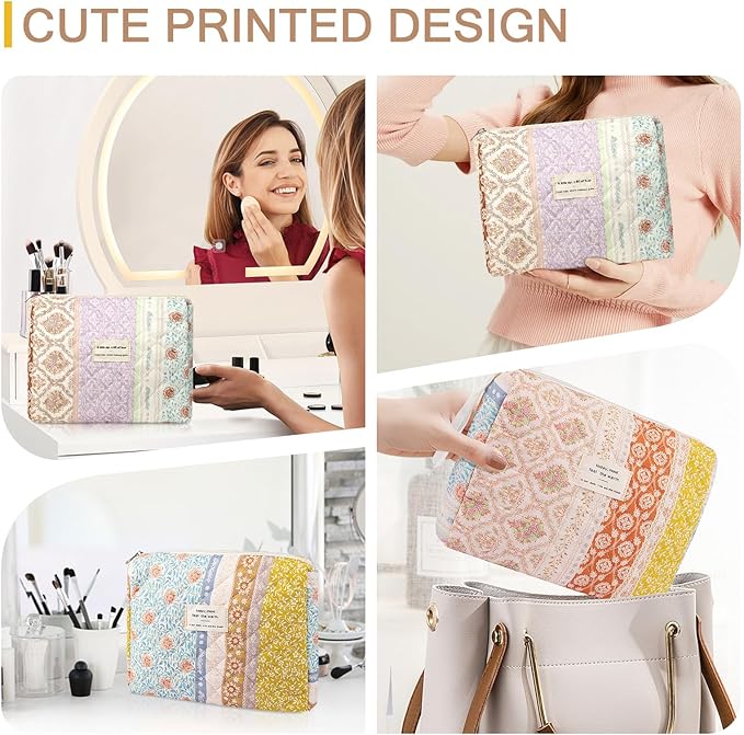 Gosect Floral Makeup Bag, Small Cosmetic Bag for Women Girls, Cute Cotton Makeup Bag,