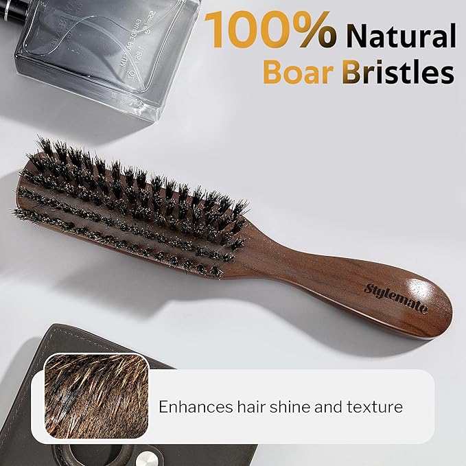 STYLEMATE Boar Bristle Hair Brush for Men, Slick Back Mens Hair Brush with Stiff Bristles for Thick & Fine Hair, Beard Brush with Natural Black Walnut Wooden Handle