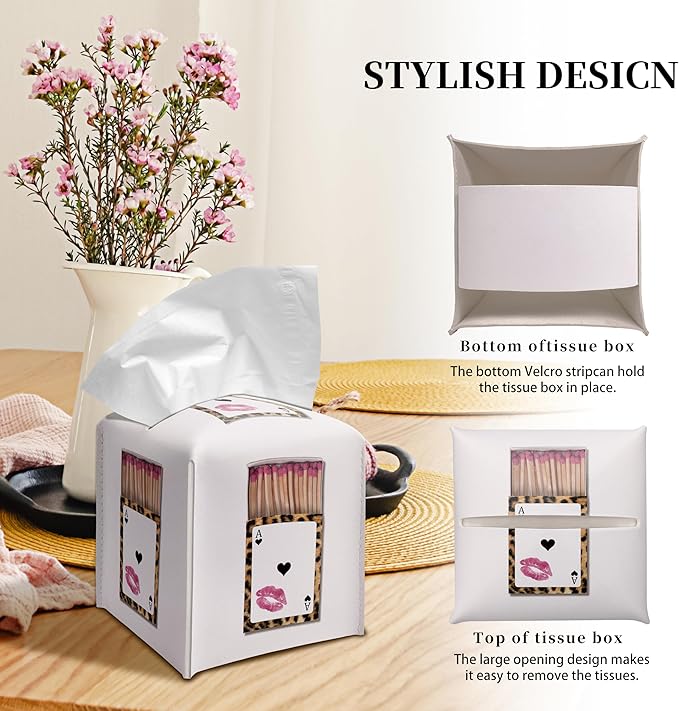 Grace Yonks Cute Tissue Box Cover Square - Leopard Print Playing Card & Lip Print Match Case Design 5.2" PU Leather Holder for Vanity, Desk, Bathroom Counter - Cube Case for Facial Tissues(013)