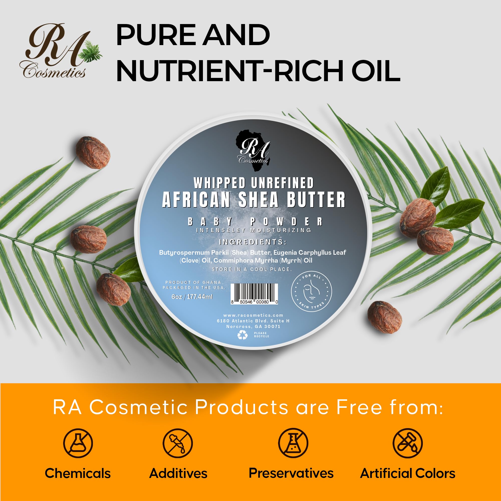 RA Cosmetics Whipped Shea Butter Baby Powder - 6oz | 100% Pure & Natural African Shea Butter for Men & Women - Ultimate Handcrafted Moisturizer with Essential Vitamins for Radiant Skin & Luscious Hair