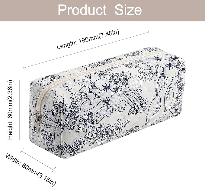 WHHJM Cute Floral Makeup Brush Bag Small Cotton Quilted Cosmetic Bag for Women Travel Toiletry Zipper Make Up Pouch (Navy Floral)