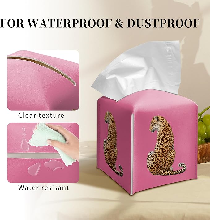 Grace Yonks Cute Tissue Box Cover Square - Leopard Cat Print on Hot Pink Background Design 5.2" PU Leather Holder for Vanity, Desk, or Bathroom Counter - Cube Case for Facial Tissues(015)