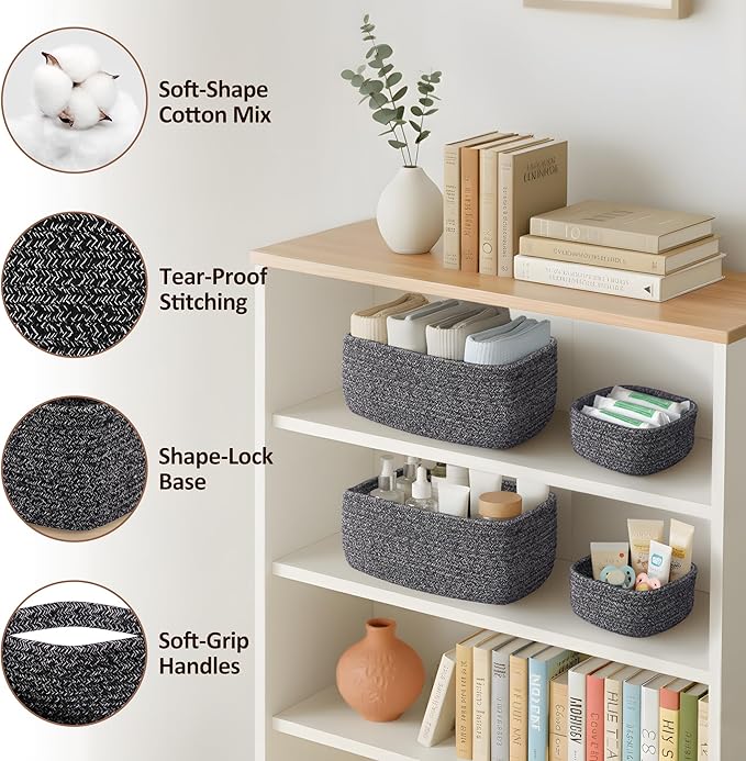 VIRETH HAUS 5-Pack Small Woven Rope Storage Baskets – 2 Sizes Organizer Bins for Closet, Shelf, Bookshelf, Nursery, Changing Table, Fabric Cube Boxes, Rectangular Shallow Bins for Bathroom, Toy & Home