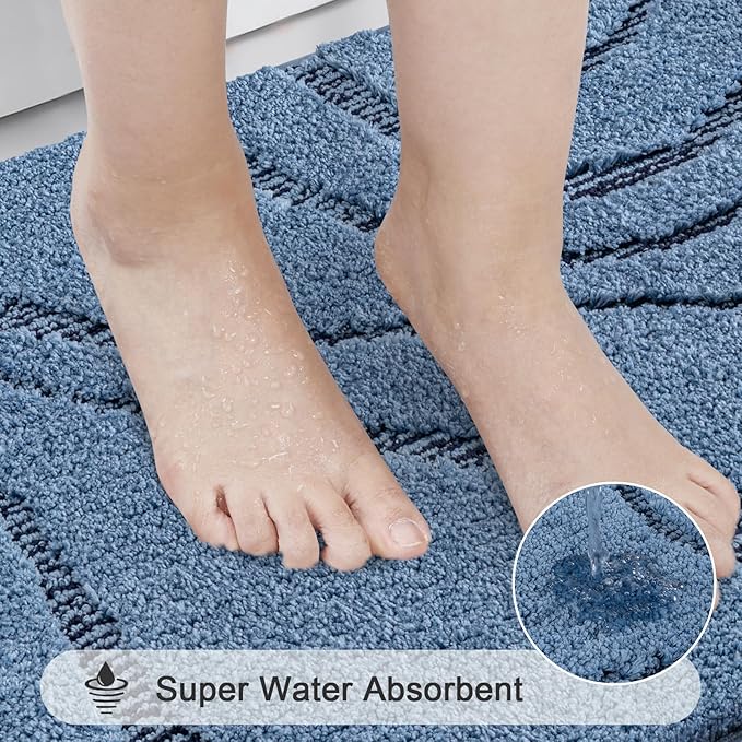 HEBE Bathroom Rugs Sets 5 Piece, Soft Absorbent Microfiber Bath Mat for Bathroom, Non Slip Washable Bath Rug Set with Toilet Cover, Bath Runner and U-Shaped Contour Toilet Rug, Dark Blue