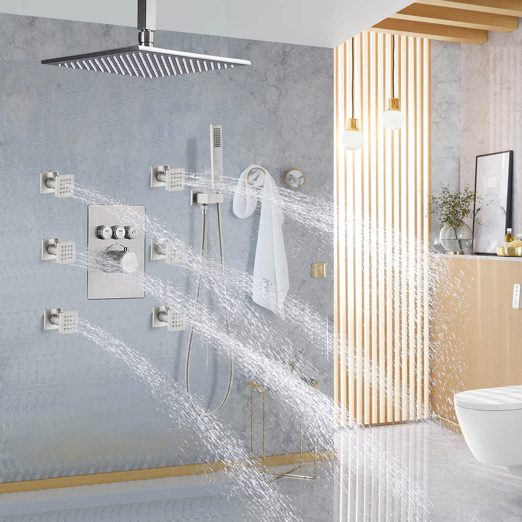 Backnets Solid Brass Independent Switch Shower Body Jets 6pcs Body Sprayer for Shower Massage Jets Wall Mount, Showerhead Can Swivel, Flow Can Be Controlled, Brushed Nickel