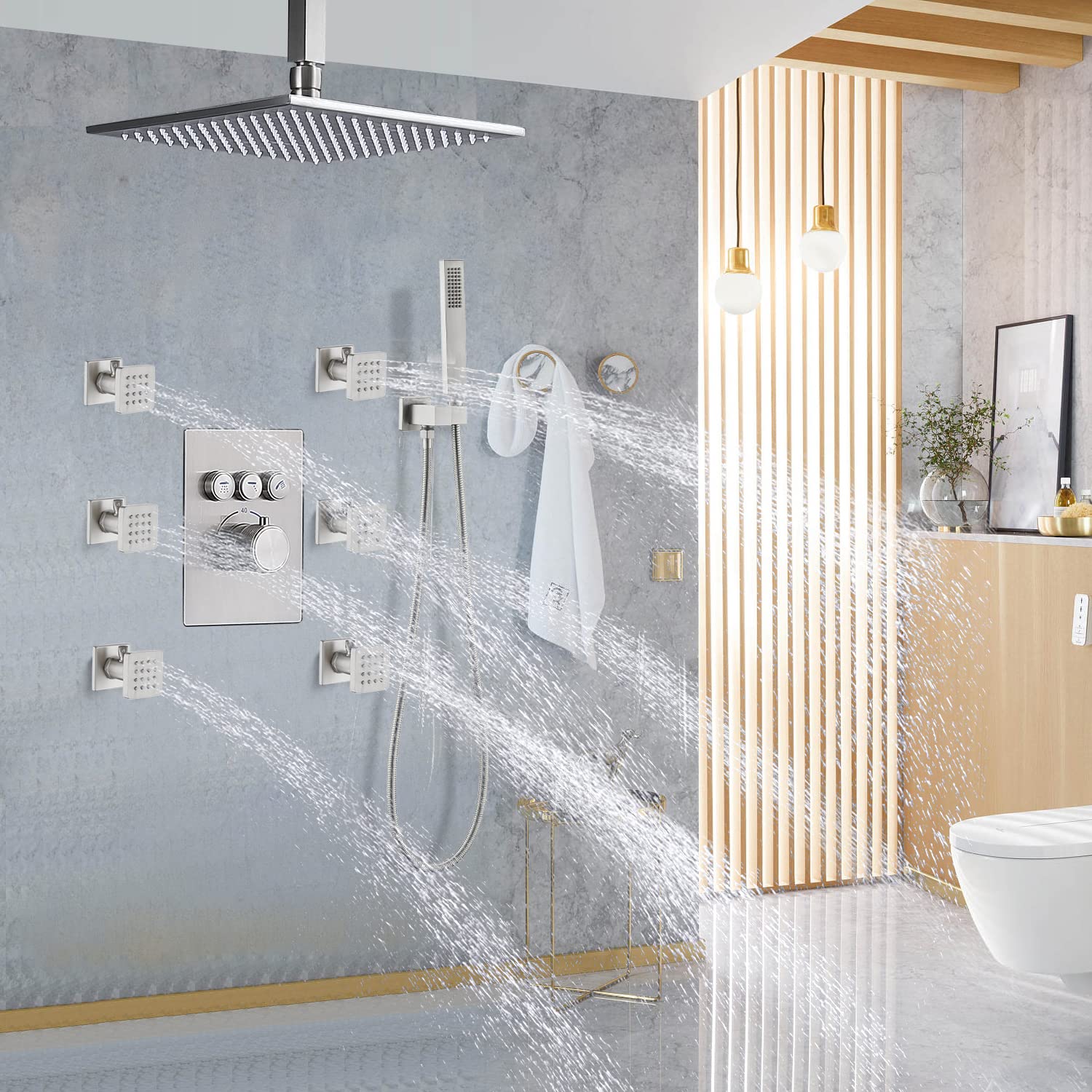 Backnets Solid Brass Independent Switch Shower Body Jets 6pcs Body Sprayer for Shower Massage Jets Wall Mount, Showerhead Can Swivel, Flow Can Be Controlled, Brushed Nickel