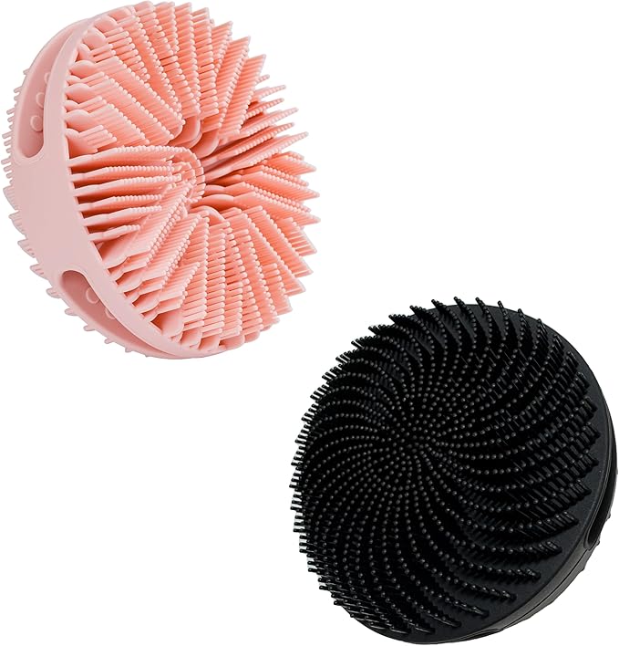 MtBoi 2 Pack Silicone Exfoliating Body Scrubber, Silicone Body Brush, Soft Silicone Loofah for Sensitive Skin, Shower Head Massager, Easy to Clean, Lathers Well(Pink&Black)