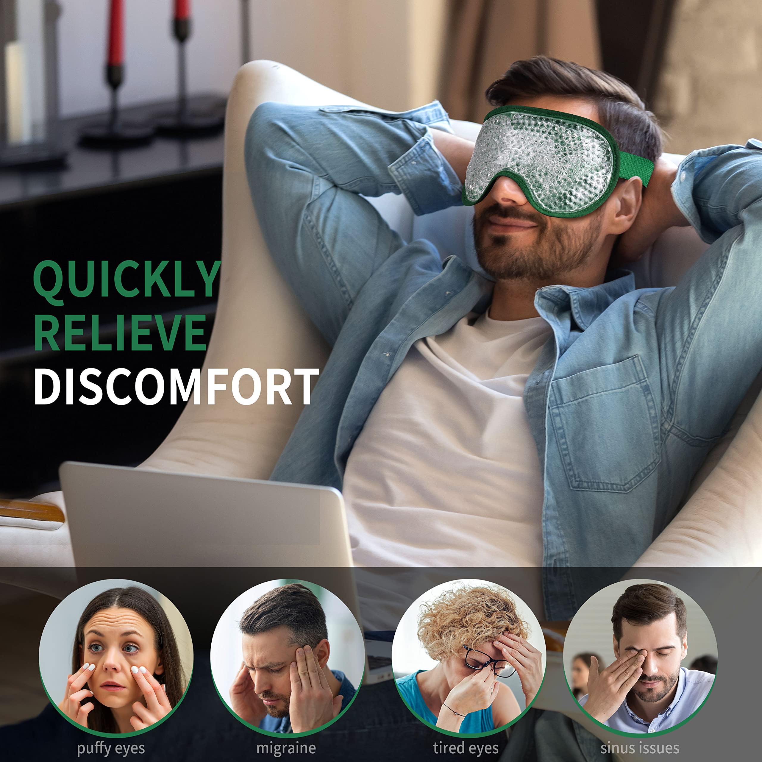 Cooling Eye Mask with Gel Beads, Reusable Cold Eye Mask for Puffy Eyes, Dark Circles, Sleep, Relaxation, Soft Cooling Eye Pads for Men Women (Dark Green)