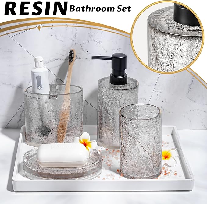 RQYIXI 4 PCS Resin Bathroom Accessories Set,Silver-Grey,Minimalist Luxury