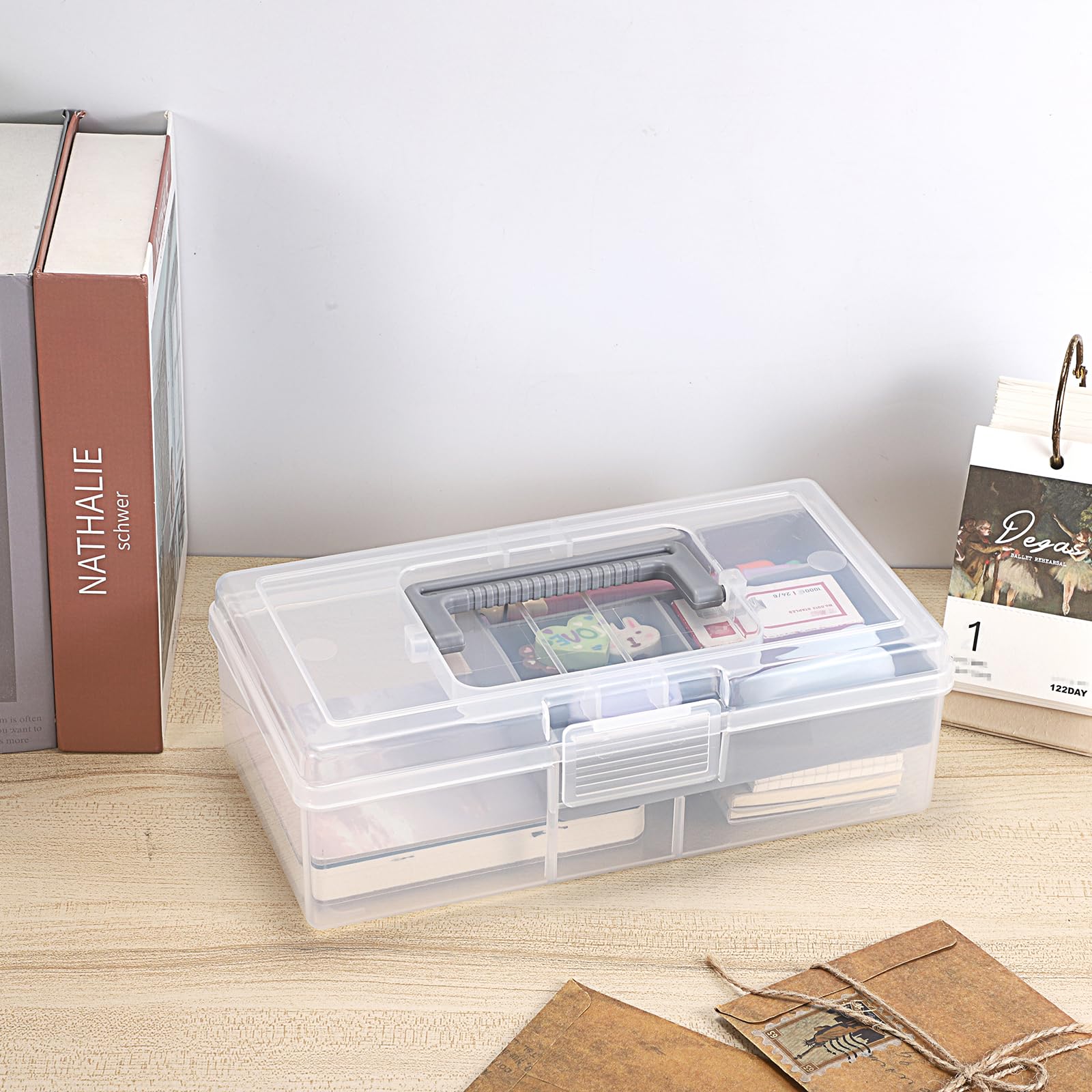 JUXYES Clear Art Craft Supply Storage Bin Sewing Box With Handle Lid