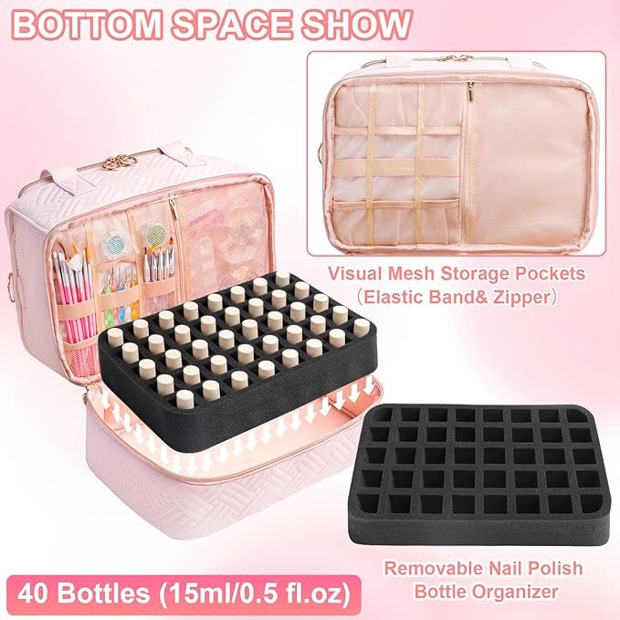 Veirdro Nail Polish Organizer Bag Holds 80 Bottles (15ml/0.5fl.oz)& Nail Lamp, Soft Velvet Nail Kit Storage Carrying Case with Shoulder Strap, Double Layer Nail Supplies Organizer Handbag Women (Pink)