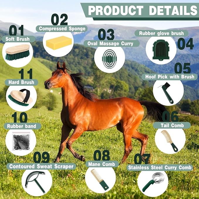 Abbylike 12 Pieces Horse Grooming Kit with Organizer Tote Bag Tack Room Supplies Horse Brush Sets Equine Care Cleaning Kit Shedding Grooming Massaging Tools (Khaki and Green)