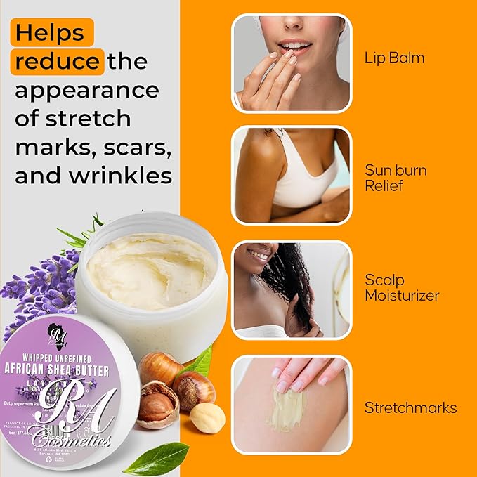 RA COSMETICS Whipped Shea Butter with Lavender Extract – 100% Unrefined Shea Body Butter from Ghana – Moisturizes Skin, Nourishes & Conditions Hair – Softens and Smooths Lips, Hands & Feet – 12oz