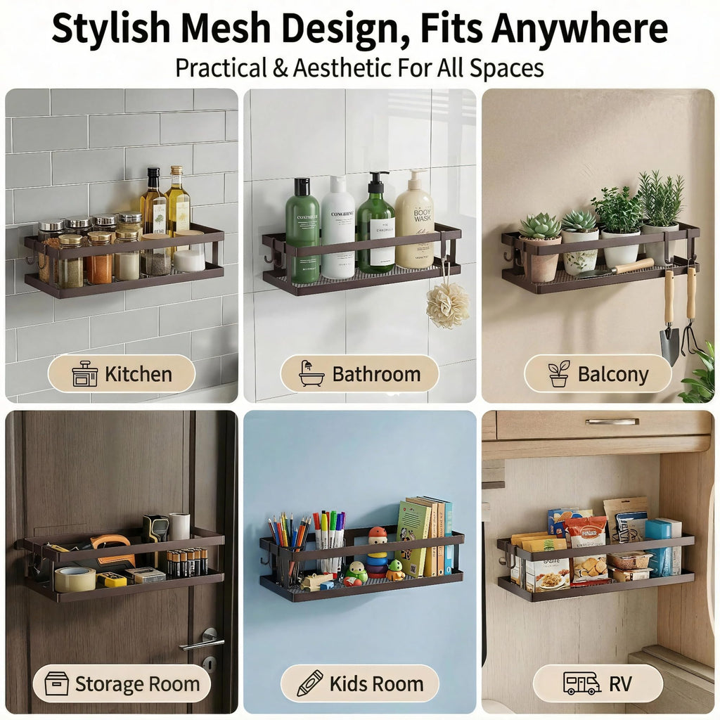 PUSDON 2-Pack Minimalist Shower Caddy Wall Mount, Open Frame Bathroom Shelf Organizer with Mesh Base, Rustproof Floating Spice Rack for Kitchen, Holds 50 LBS, 4 Hooks - Vintage Bronze, Guardrail