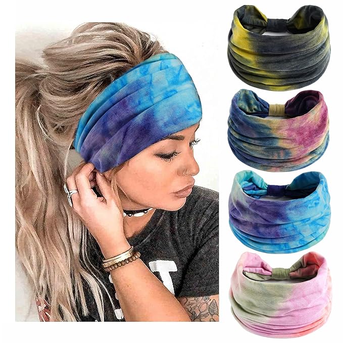 Boho Headbands For Women Fashion Stretch Wide Hair Bands Tie Dye Knoted Turban Head Bands Yoga Running Sweatband Elastic Headband Stylish Wrap Headbands Hair Accessories for Teen Girls 4 Pack