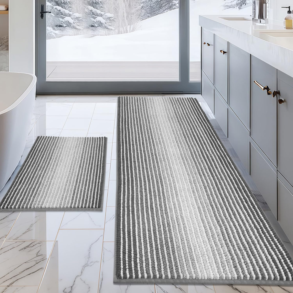 BSICPRO Bathroom Rugs Sets 2 Piece, Non Slip Striped Bath Mats, Black