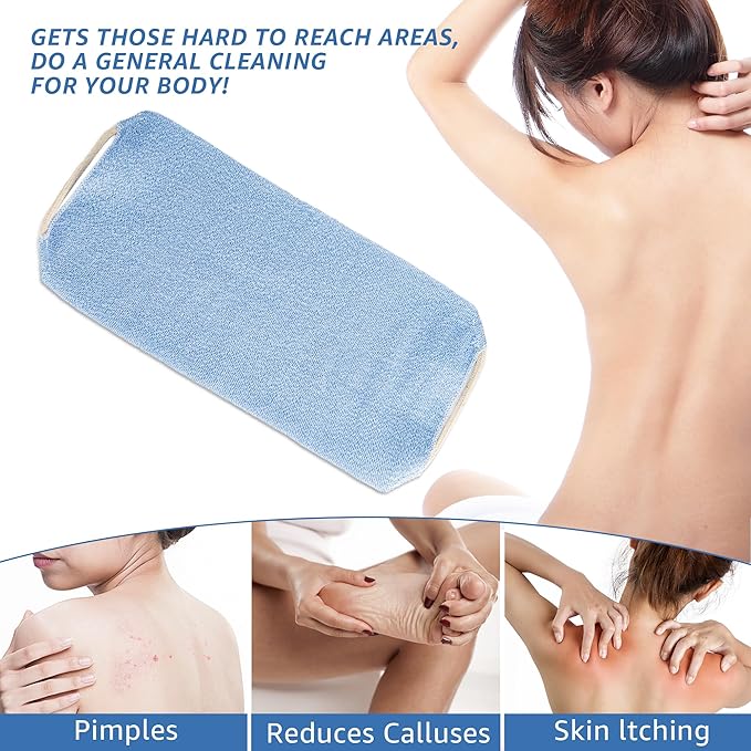 Culture Gifts Extended Exfoliating Back Scrubber with Handles, Nylon Cleaning Exfoliator Washcloth for Body, Stretchable Pull Strap Soft Quick-Drying Rough Scrub Towel, Blue