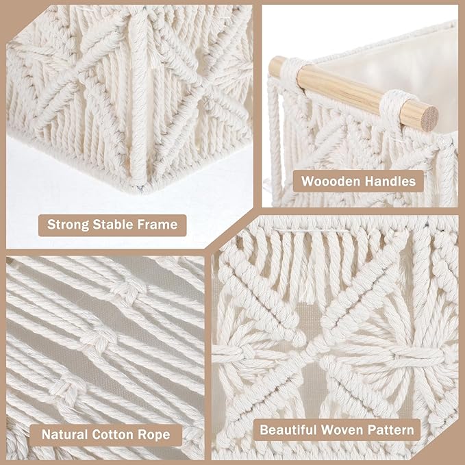 Macrame Storage Baskets 2PCS, Boho Woven Decorative Basket for Organizing with Handle, Countertop Toilet Paper Storage Container for Tank Bedroom Nursery Livingroom Entryway(White)