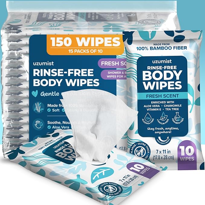 Body Wipes For Adults Bathing No Rinse - 150XL Thick Shower Wipes For Adults No Rinse, 15 Packs of 10 Adult Wipes for Men, Women, Personal Cleansing, Daily Hygiene, Bedridden & Elderly Care, Travel
