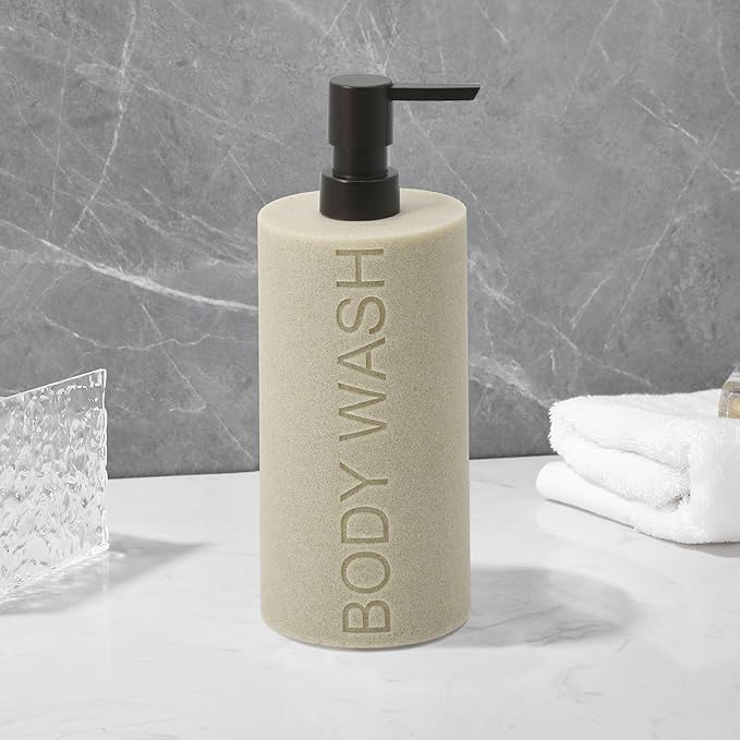 Indecor Home Resin Tan Sandstone Body Wash Engraved Bottle Refillable Pump Dispenser, Durable Waterproof Resin Construction for Bath, Shower - Tan Sandstone, ORB Pump