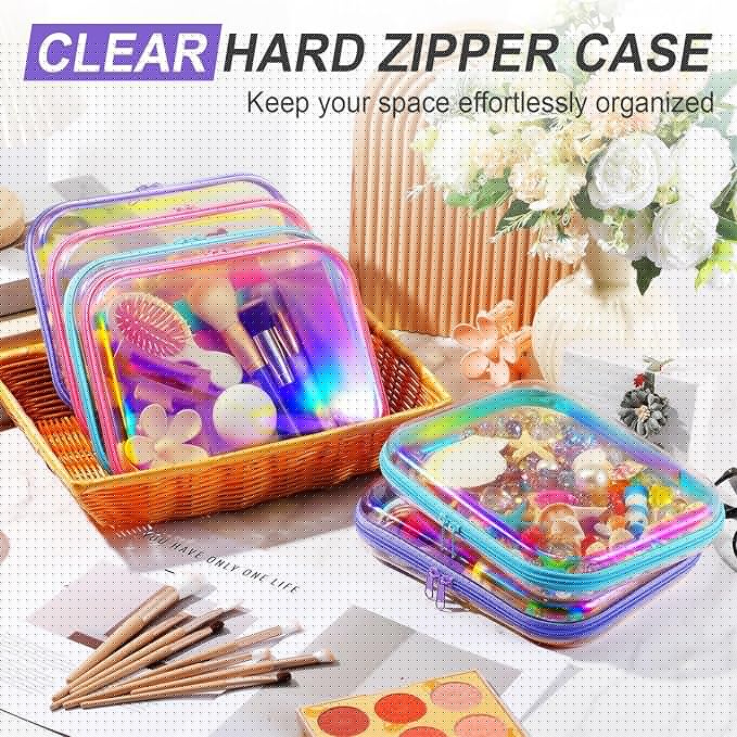 Sanwuta 6 Pcs Clear Hard Zipper Case Plastic Zipper Pouches Transparent Makeup Bag Pencil Case Pouches Toiletry Diaper Bag for Travel Toy Storage Organizer Bins(Holographic,9.84 x 7.87 x 2 Inch)