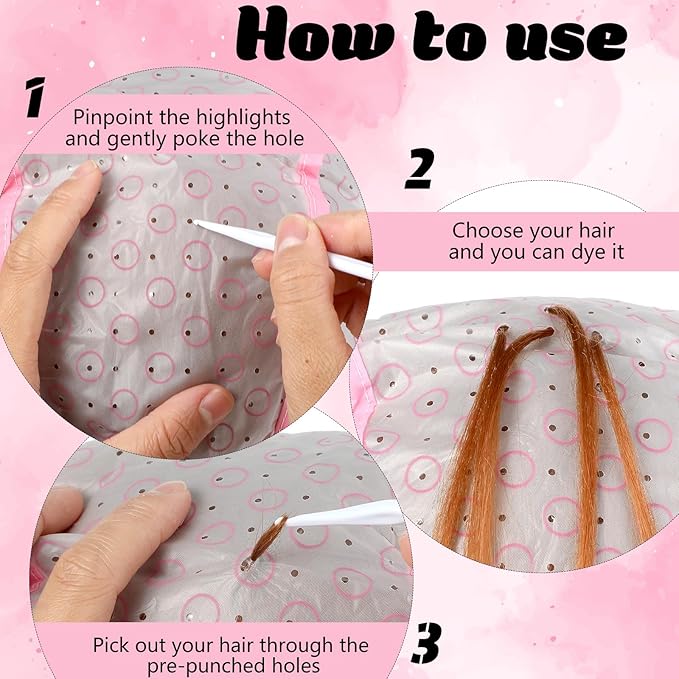 4 Pcs Hair Highlighting Cap, Highlight Cap with Hooks, Highlighting Kit for Blonde & Color, Salon Frosting Dye Kit for Home Hair Coloring, Durable Silicone Caps, Easy to Use