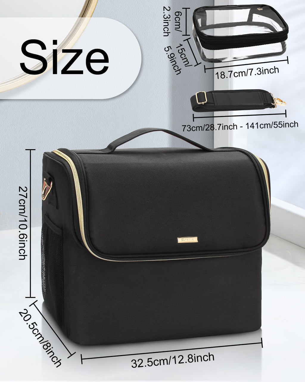 Large Makeup Carrying Train Case, Makeup Bag with 2 Small Bags, Professional Makeup Artist Bag Tattoo Case Travel Makeup Organizer Box with Adjustable Dividers and Shoulder Strap (Black)