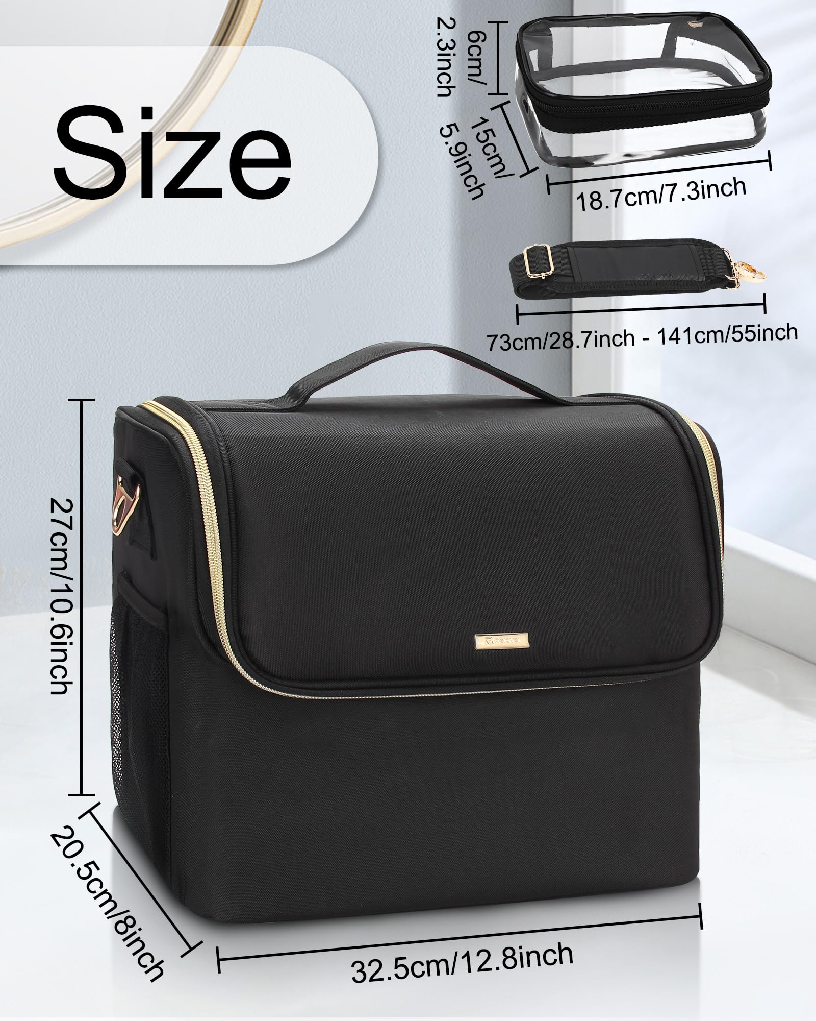 Large Makeup Carrying Train Case, Makeup Bag with 2 Small Bags, Professional Makeup Artist Bag Tattoo Case Travel Makeup Organizer Box with Adjustable Dividers and Shoulder Strap (Black)