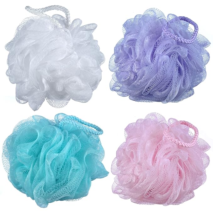 iboodi 60g/pcs Multi-Color Mesh Bath Sponge Shower Pouf Loofahs Shower Puff Pack of 4 (White,Pink,Purple and Blue)