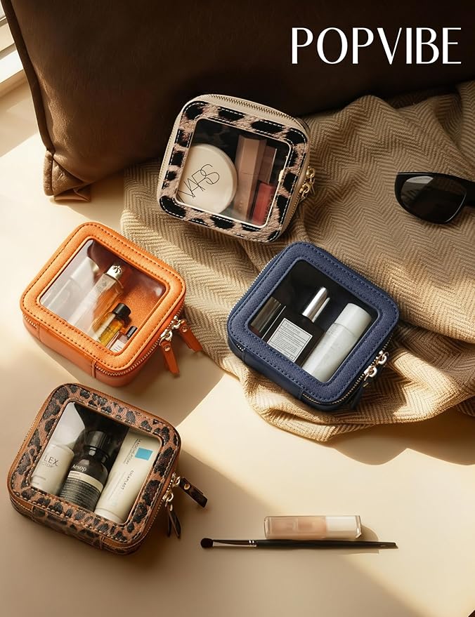 Small Makeup Bag Clear Mini Pouch Cosmetic Case Travel Leopard Make Up Bag for Purse Accessories Cheetah Print Travel Clear Case for Car Essentials Women Cute Leather Little Cosmetic Pouch with Zipper