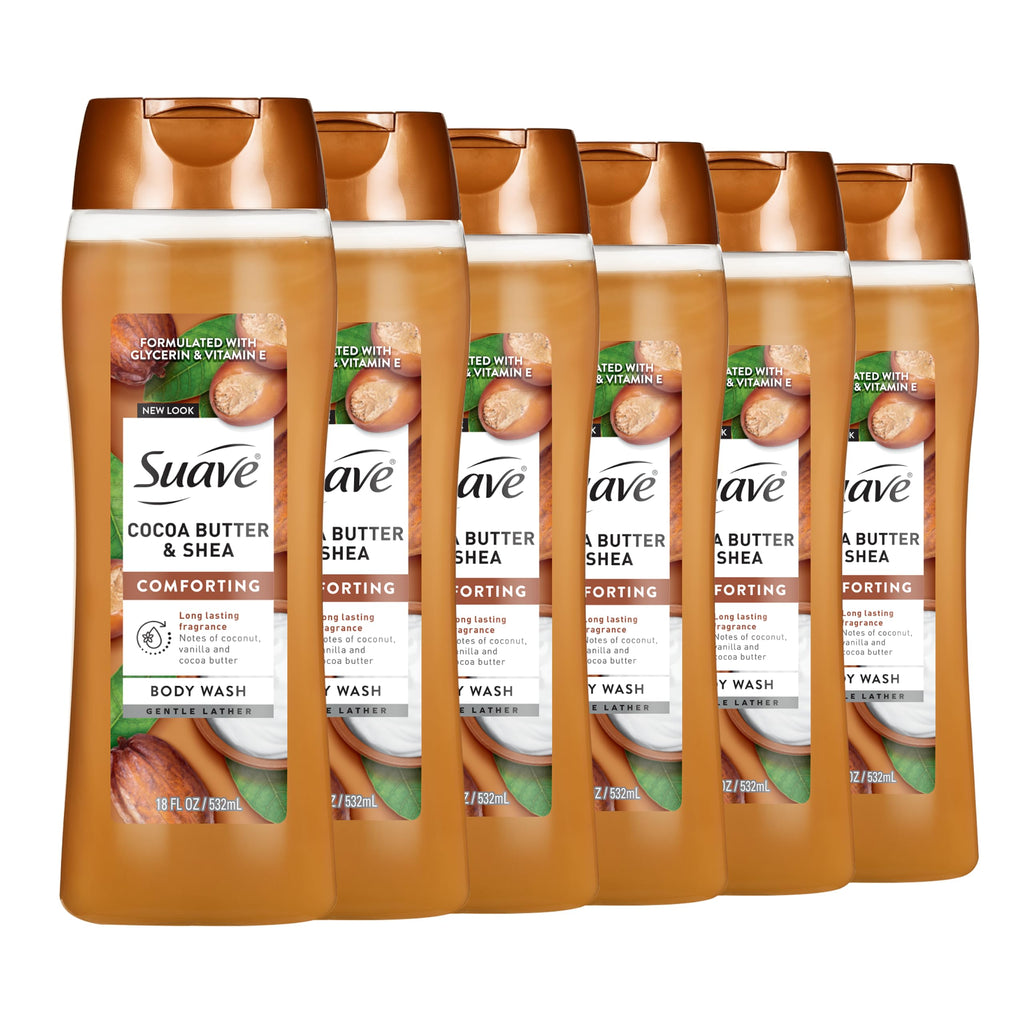 Suave Moisturizing Body Wash, Cocoa Butter and Shea with Vitamin E Extract, No Parabens, No Phtahaltes, 18 Oz Pack of 6