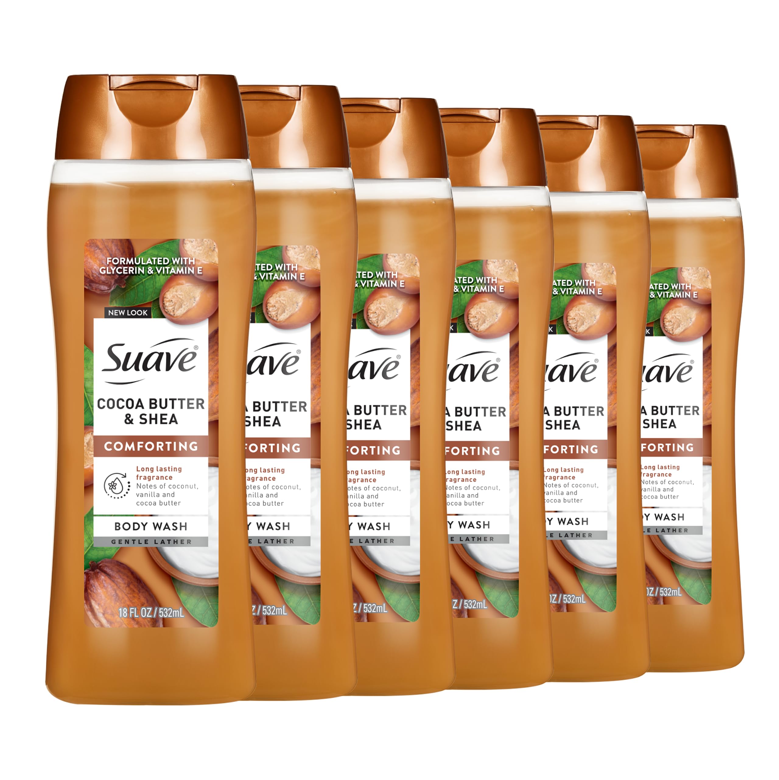 Suave Moisturizing Body Wash, Cocoa Butter and Shea with Vitamin E Extract, No Parabens, No Phtahaltes, 18 Oz Pack of 6