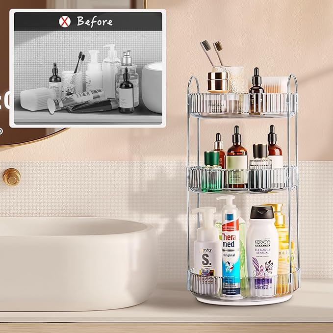 Niluks 360 Rotating Makeup Organizer, 3 Tier Large Capacity Lazy Susan Bathroom Counter Organizer, Skincare Organizers, Spinning Perfume Organizer & Vanity Organizer Countertop (Classic Grey, 3 Tier)