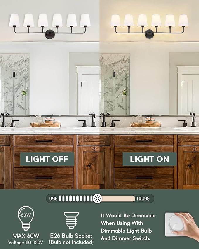 Bathroom Light Fixtures, 42 Inch Matte Black Vanity Lights with Flared White Fabric Shade, 6-Light Wall Sconce, Modern Sconces Wall Lighting for Hallway Bedroom, VL837-MB-6
