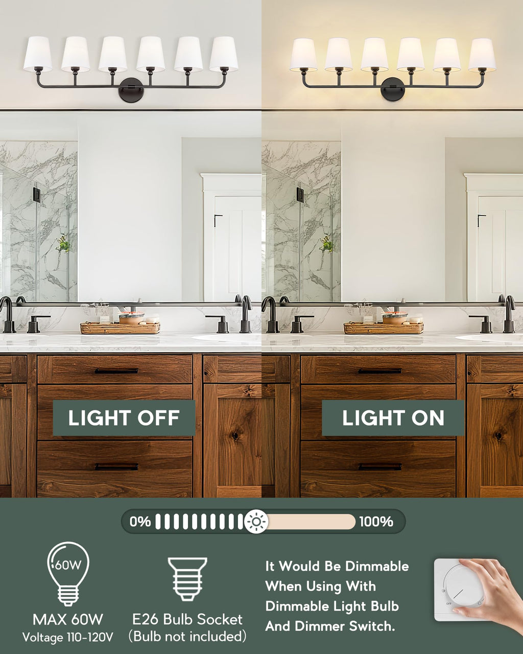 METWET 6-Light Matte Black Bathroom Vanity Light, White Fabric Shades