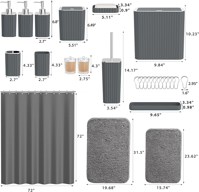 InnJoey Bathroom Accessory Set - Bathroom Set, 27PC Bathroom Accessories Set, Grey Bathroom Sets with Shower Curtain and Rugs, Mini Trash Can, Toilet Brush, Trash Can & Soap Dispenser