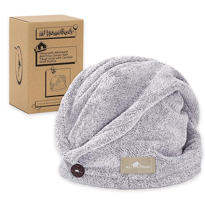 myHomeBody Hair Towel Wrap, Quick Drying Turban, Absorbent Cap – Gray