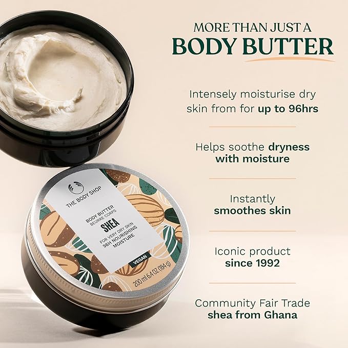 The Body Shop Body Butter | 96hr Nourishing Moisture for Dry Skin | Non-Greasy with Shea Butter for Smoother Softer Skin, Vegan, 200 ml / 6.4 oz (Shea)
