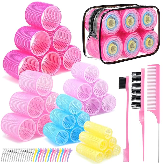 5 Sizes Self Grip Hair Rollers Set, 64 Pcs Rollers Hair Curlers with Clips Comb for Long Medium Short Hair (60 48 40 32 20mm), Multicolor
