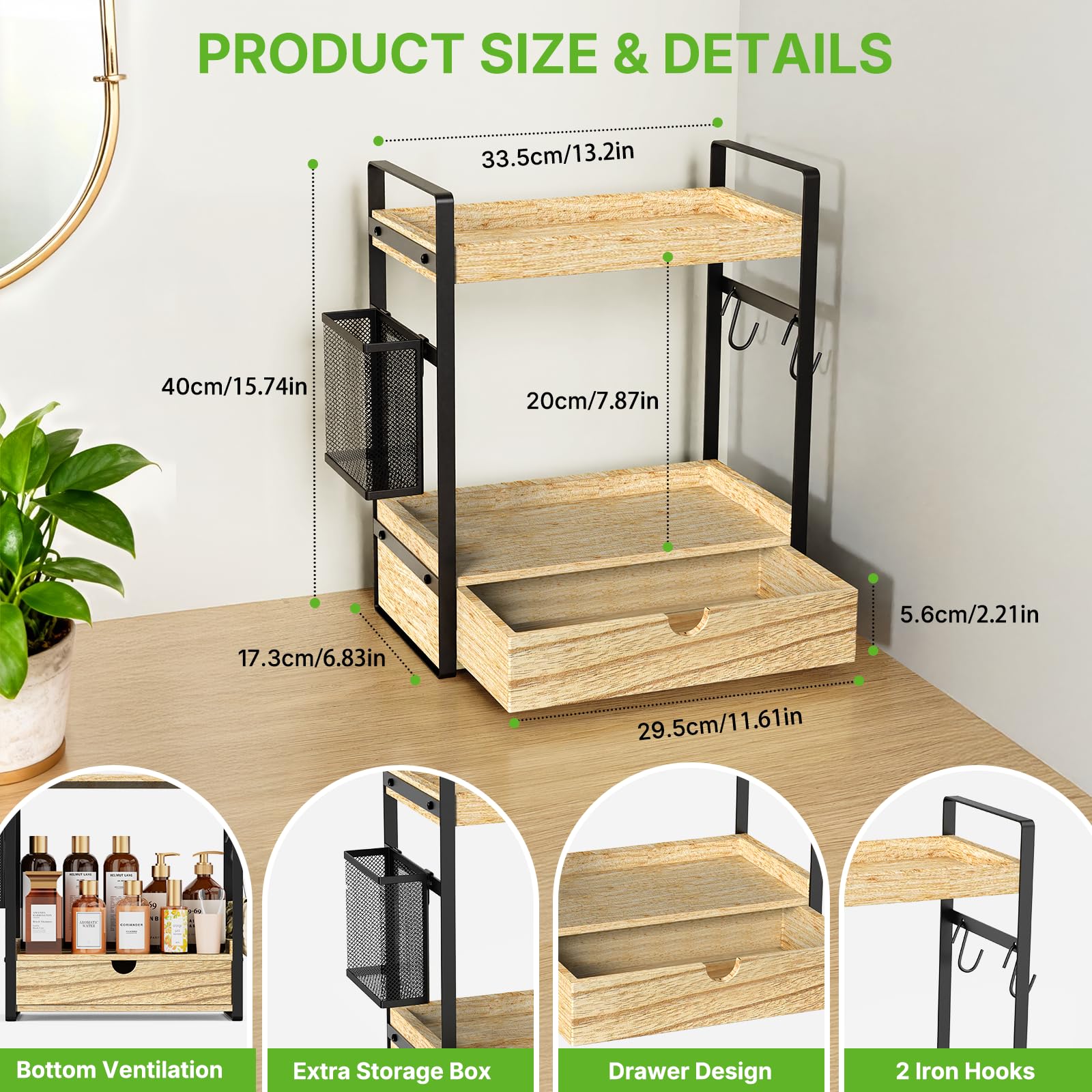 2-Tier Bathroom Counter Organizer with Drawer Basket and Hooks, Wood Bathroom Organizers and Storage for countertop, Farmhouse Brown Countertop Organizer, Counter Shelf for Vanity, Kitchen, Office