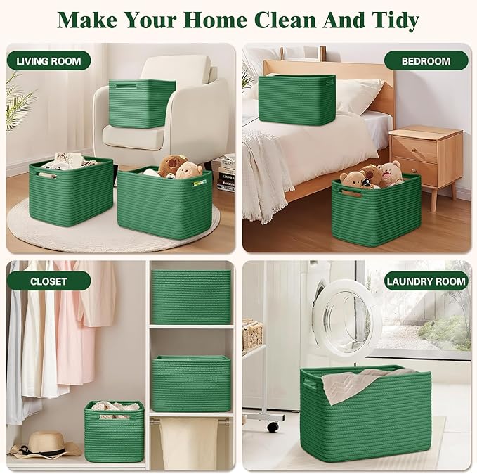 Storage Baskets for Organizing, 4 Pack Baskets for Shelves, Decorative Storage Bins for Shelves, Cotton Rope Storage Basket with Handles, Woven Basket for Storage, 13''Lx8.7''Wx7.9''H, Green