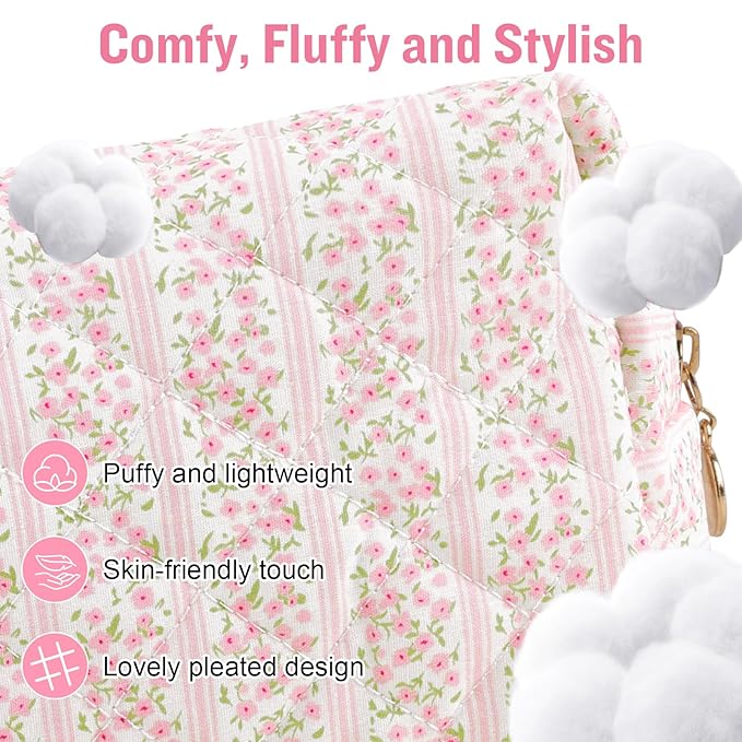 Personalized Quilted Cosmetic Bag, Puffy Monogrammed Christmas Birthday Gifts for Women & Girls, Cute initial Floral Makeup Bag Puffer Coquette Bag, Aesthetic Travel Toiletry Zipper Pouch(Pink,A)
