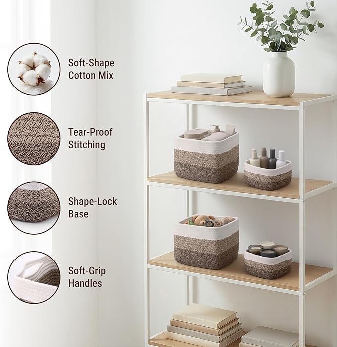5-Pack Storage Cubes Woven Rope Baskets - 2 Sizes Organizer Bins for Closet, Shelf, Bookshelf, Nursery, Changing Table, Cube Storage Bins, Storage Baskets for Bathroom Toy & Home