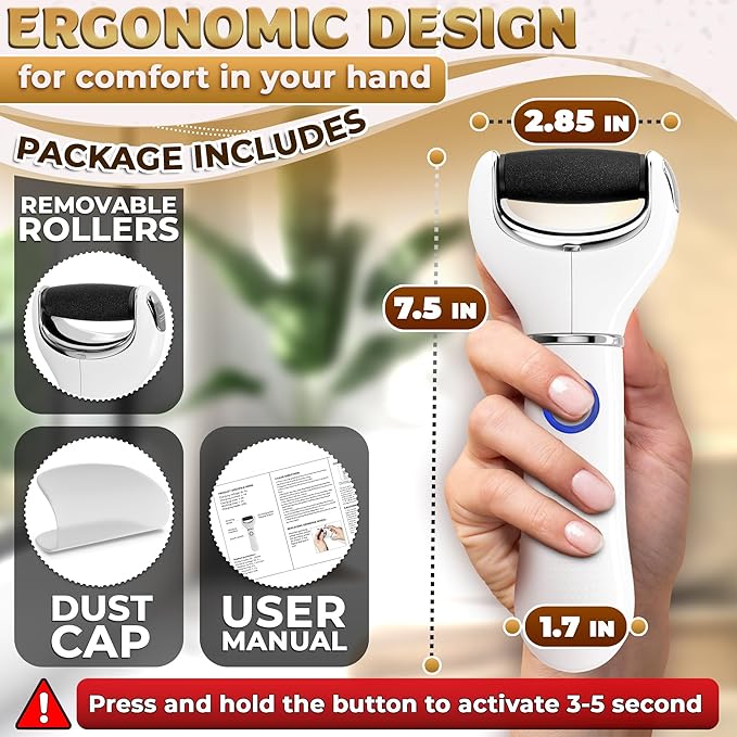 Electric Foot File Callus Remover – 3-Speed Foot Scrubber Electric (1800/2200/2800 RPM), Dry Skin Remover for Feet – 2 Replacement Rollers 80 & 60 Grit, 360° Precision Control & Easy-to-Clean Design