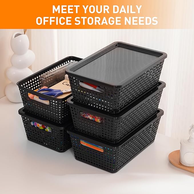 Anywish Plastic Storage Baskets With Lid, Storage Bins for Organizing, Stackable Decorative Containers for Shelves Drawers Desktop Closet Playroom Classroom Office, 6 Pack-Black