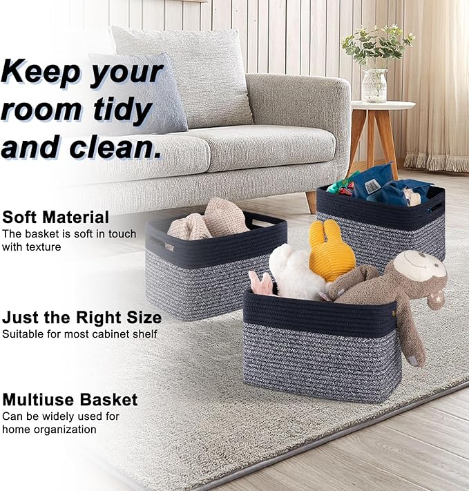 SIXDOVE 4 Pack Storage Baskets for Organizing, Woven Baskets for Shelves - Perfect for Toys, Books, Towels, and Clothes, Durable Gift Basket Bins Toy Storage, 12.7''L x9''W x7.8''H, Blue and Grey